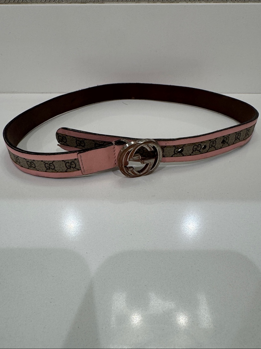 GUCCI Kids Pink Patent Leather GG Coated Canvas Interlocking G Buckle Belt